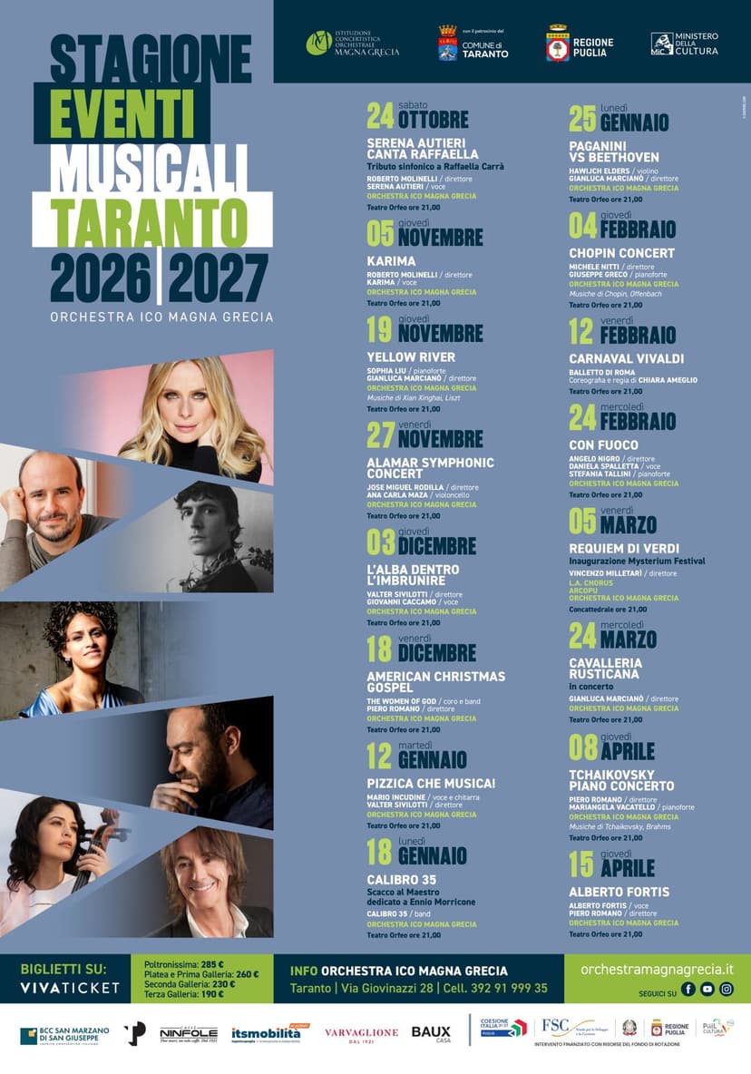 STAGIONE EVENTI MUSICALI TARANTO 2026/2027 ORCHESTRA ICO MAGNA GRECIA