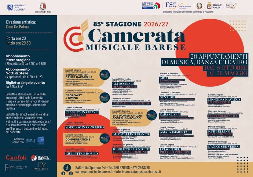 85ª Stagione 2026/2027 - Camerata Musicale Barese